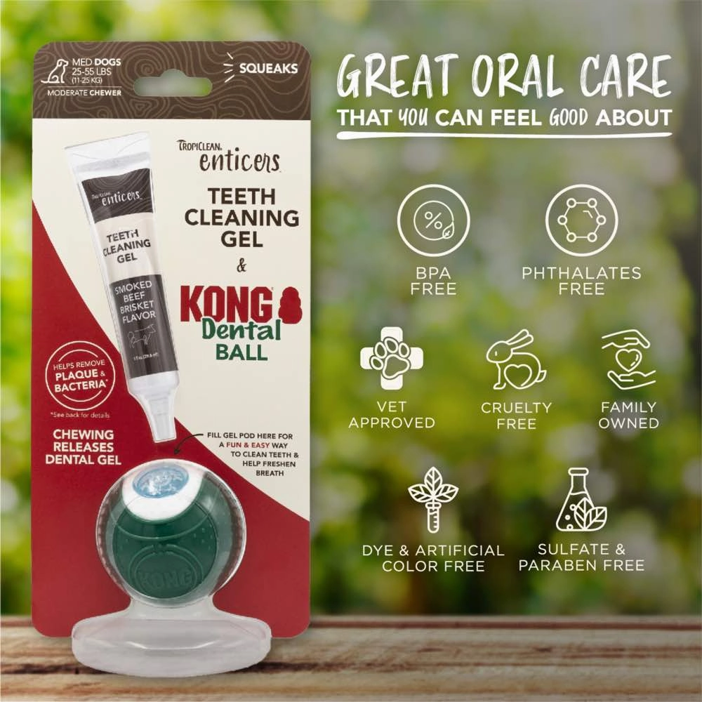 15% OFF:TropiClean Enticers Teeth Cleaning Gel & Kong Dental Ball Dog Toy (Medium)