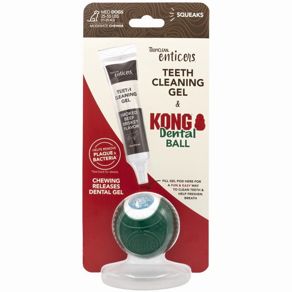 15% OFF:TropiClean Enticers Teeth Cleaning Gel & Kong Dental Ball Dog Toy (Medium) dog puzzle toy dog slow feeder dog treat ball dog brain toy dog feeder toy