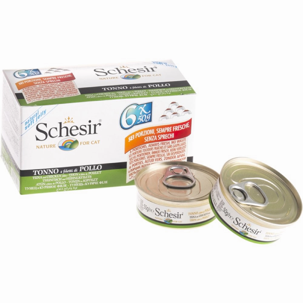18% OFF: Schesir Tuna with Chicken Fillets in Natural Jelly Adult Canned Cat Food Multipack 50g x 6