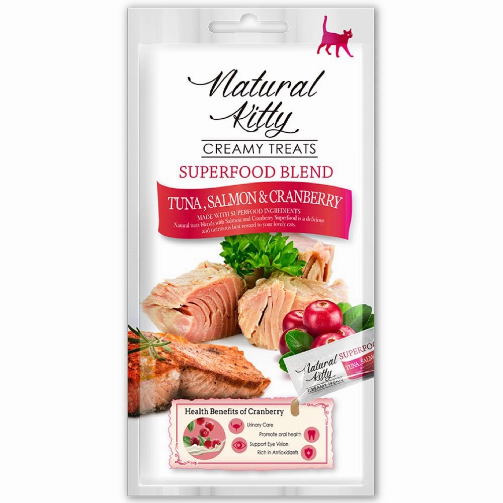 25% OFF (Exp 7Mar25): Natural Kitty Superfood Blend Tuna, Salmon & Cranberry Creamy Liquid Cat Treats 48g cat snacks catnip treats healthy cat food cat reward treats low calorie cat food