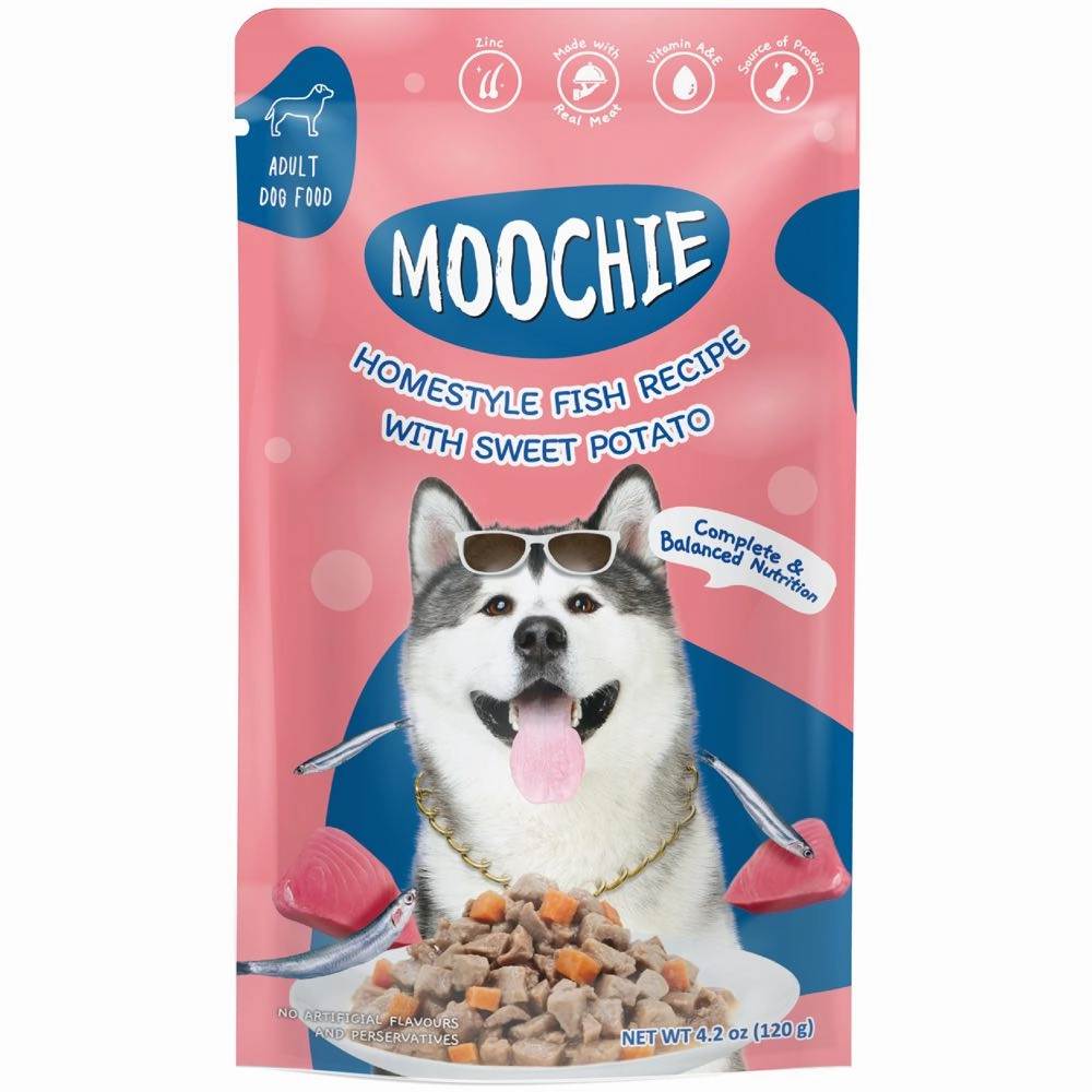29% OFF: Moochie Homestyle Fish Recipe With Sweet Potato Adult Pouch Dog Food 120g x 12 canned dog food wet dog food grain free dog food dog food with gravy beef dog food