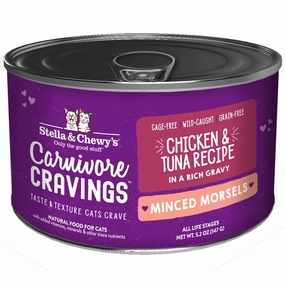 3 FOR $14.40: Stella & Chewy Carnivore Cravings Minced Morsels Chicken & Tuna In Gravy Grain-Free Canned Cat Food 5.2oz cat snacks catnip treats healthy cat food cat reward treats low calorie cat food