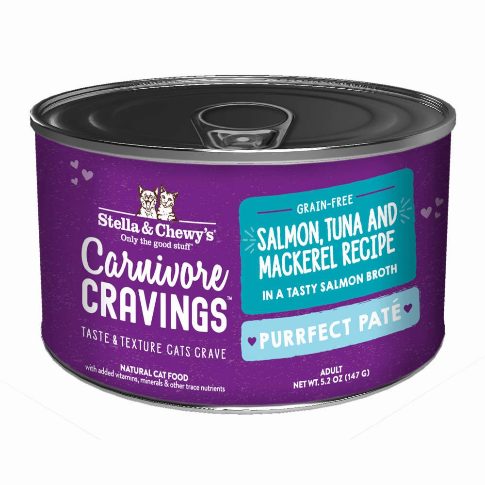3 FOR $14.40: Stella & Chewy's Carnivore Cravings Purrfect Pate Salmon, Tuna & Mackerel in Broth Grain-Free Canned Cat Food 5.2oz cat snacks catnip treats healthy cat food cat reward treats low calorie cat food