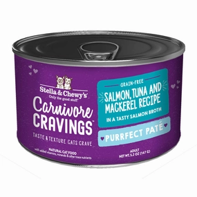 3 FOR $14.40: Stella & Chewy's Carnivore Cravings Purrfect Pate Salmon, Tuna & Mackerel in Broth Grain-Free Canned Cat Food 5.2oz cat snacks catnip treats healthy cat food cat reward treats low calorie cat food