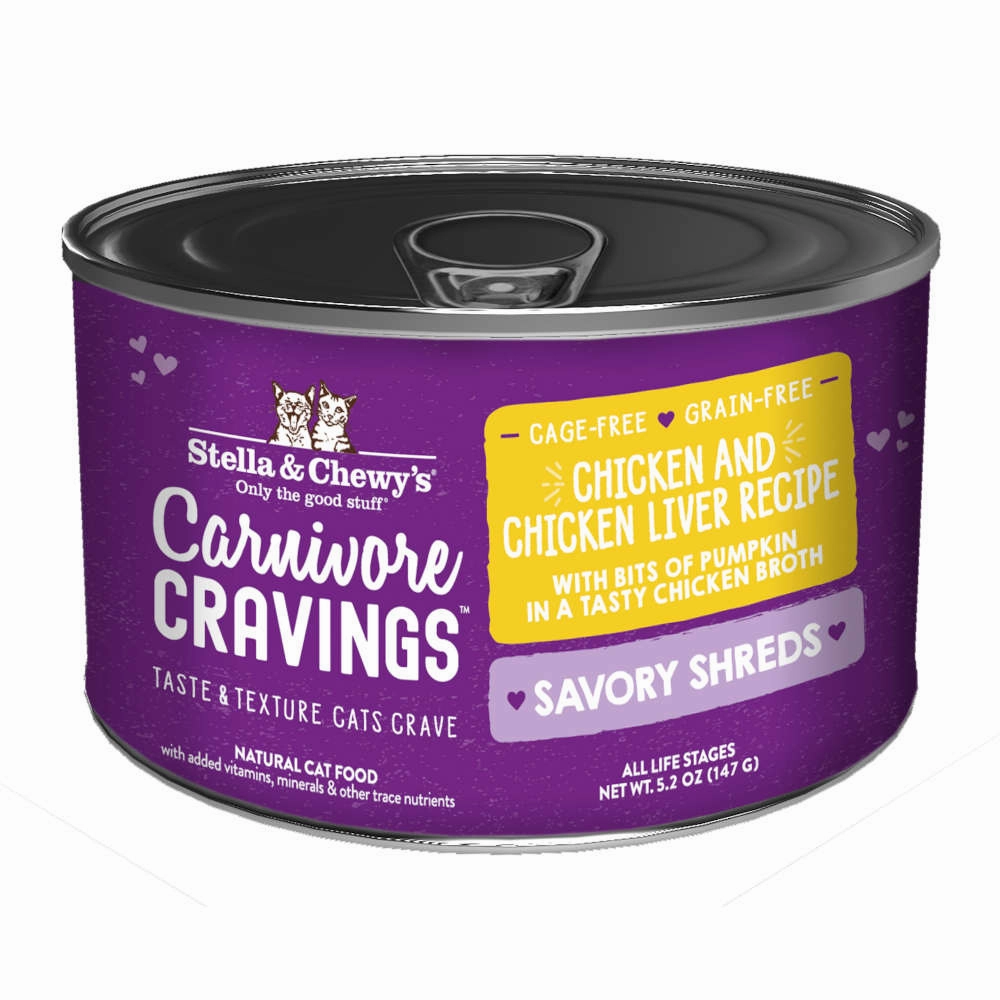 3 FOR $14.40: Stella & Chewy's Carnivore Cravings Savory Shreds Chicken & Chicken Liver in Broth Grain-Free Canned Cat Food 5.2oz cat snacks catnip treats healthy cat food cat reward treats low calorie cat food