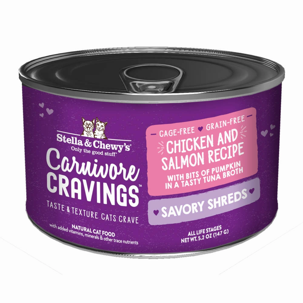 3 FOR $14.40: Stella & Chewy's Carnivore Cravings Savory Shreds Chicken & Salmon in Broth Grain-Free Canned Cat Food 5.2oz cat food cans soft cat food high protein cat food natural cat food senior cat food