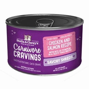 3 FOR $14.40: Stella & Chewy's Carnivore Cravings Savory Shreds Chicken & Salmon in Broth Grain-Free Canned Cat Food 5.2oz cat food cans soft cat food high protein cat food natural cat food senior cat food