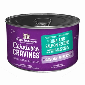 3 FOR $14.40: Stella & Chewy's Carnivore Cravings Savory Shreds Tuna & Salmon in Broth Grain-Free Canned Cat Food 5.2oz cat food cans soft cat food high protein cat food natural cat food senior cat food