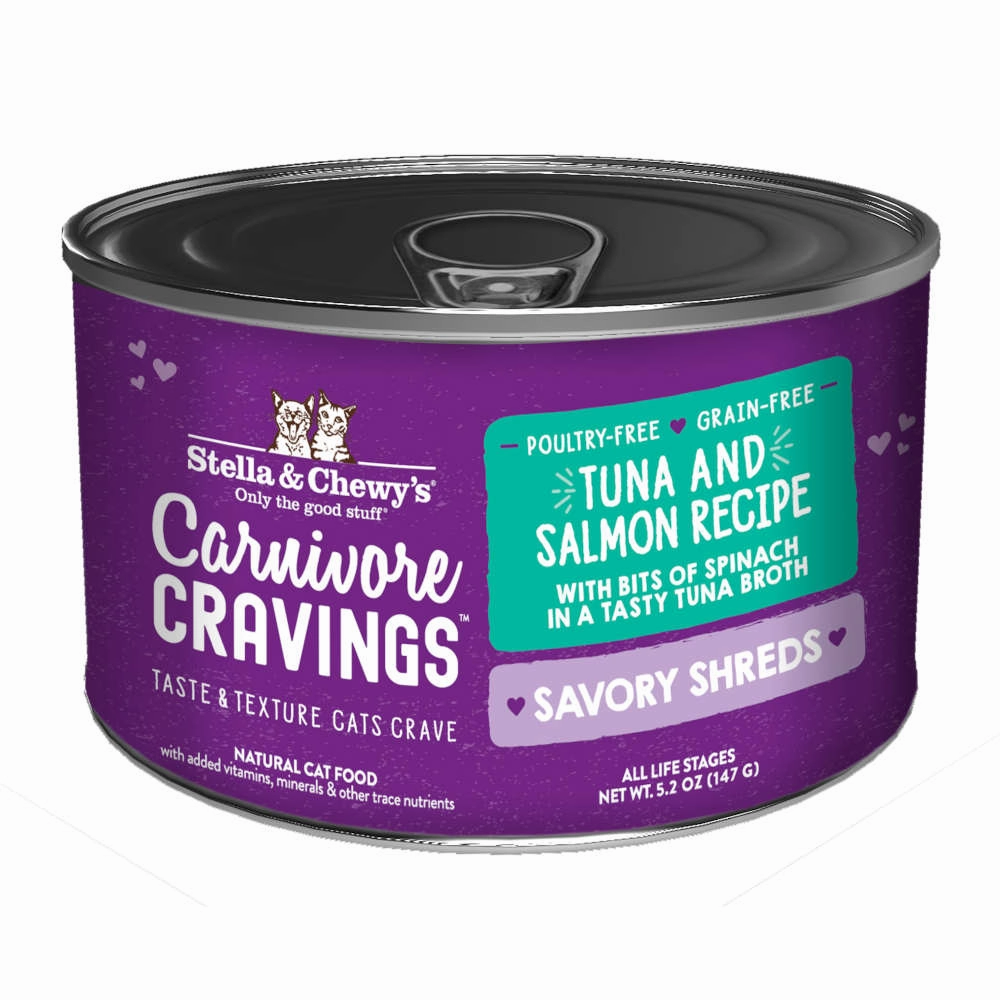 3 FOR $14.40: Stella & Chewy's Carnivore Cravings Savory Shreds Tuna & Salmon in Broth Grain-Free Canned Cat Food 5.2oz cat food cans soft cat food high protein cat food natural cat food senior cat food