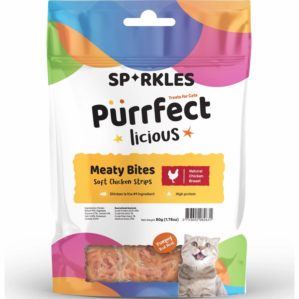 3 FOR $8.80: Sparkles Purrfectlicious Meaty Bites Soft Chicken Strips Cat Treats 50g cat snacks catnip treats healthy cat food cat reward treats low calorie cat food