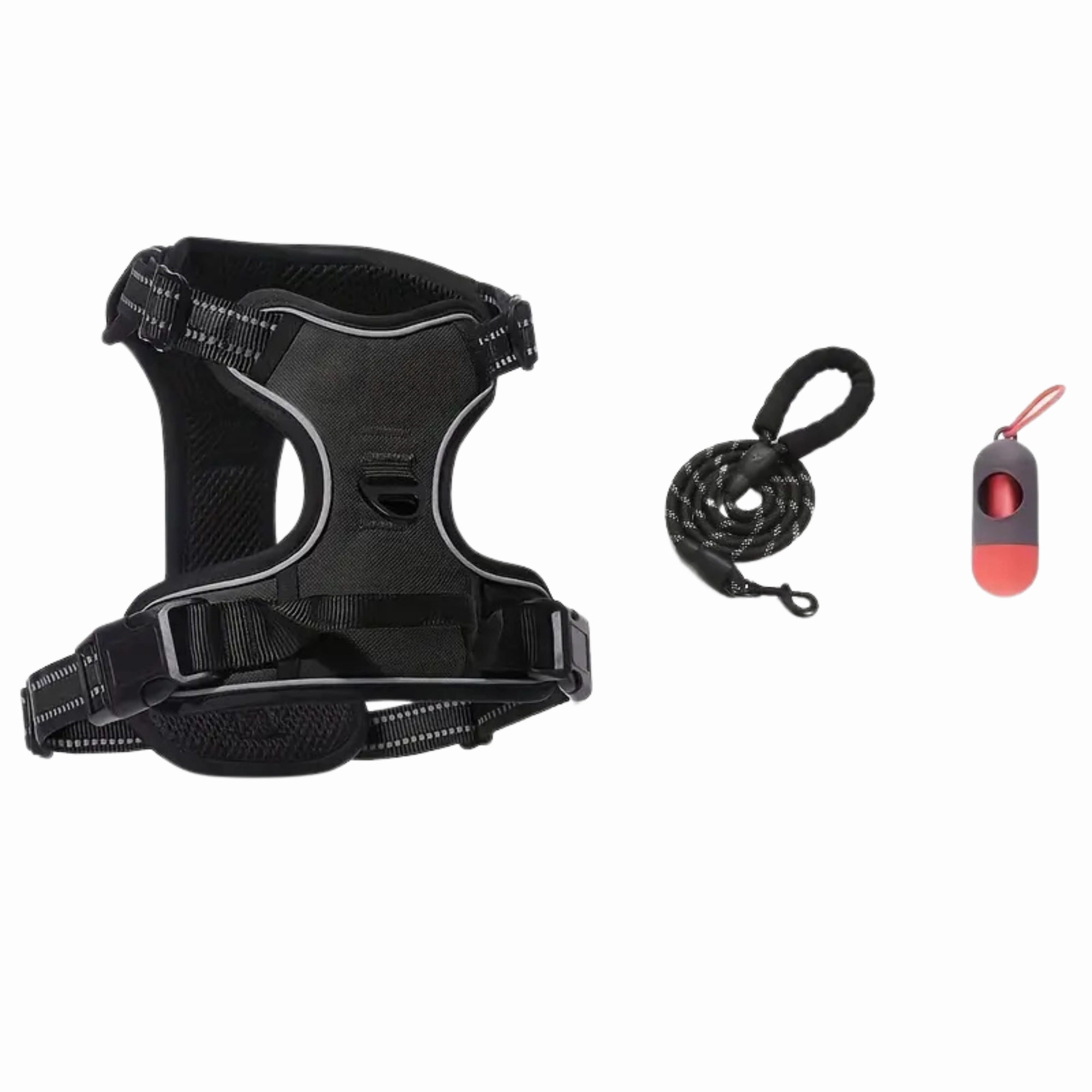 3pc Dog Harness with  Leash & Bag Dispenser (Black) - Large