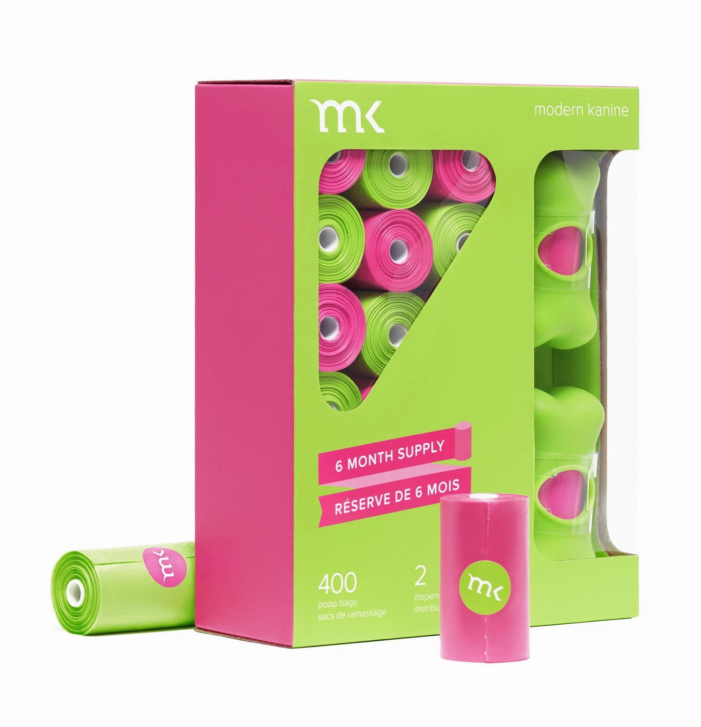 400-Count Modern Kanine Dog Waste Bags, with 20 refill rolls and 2 Dispensers in Green & Green Pink