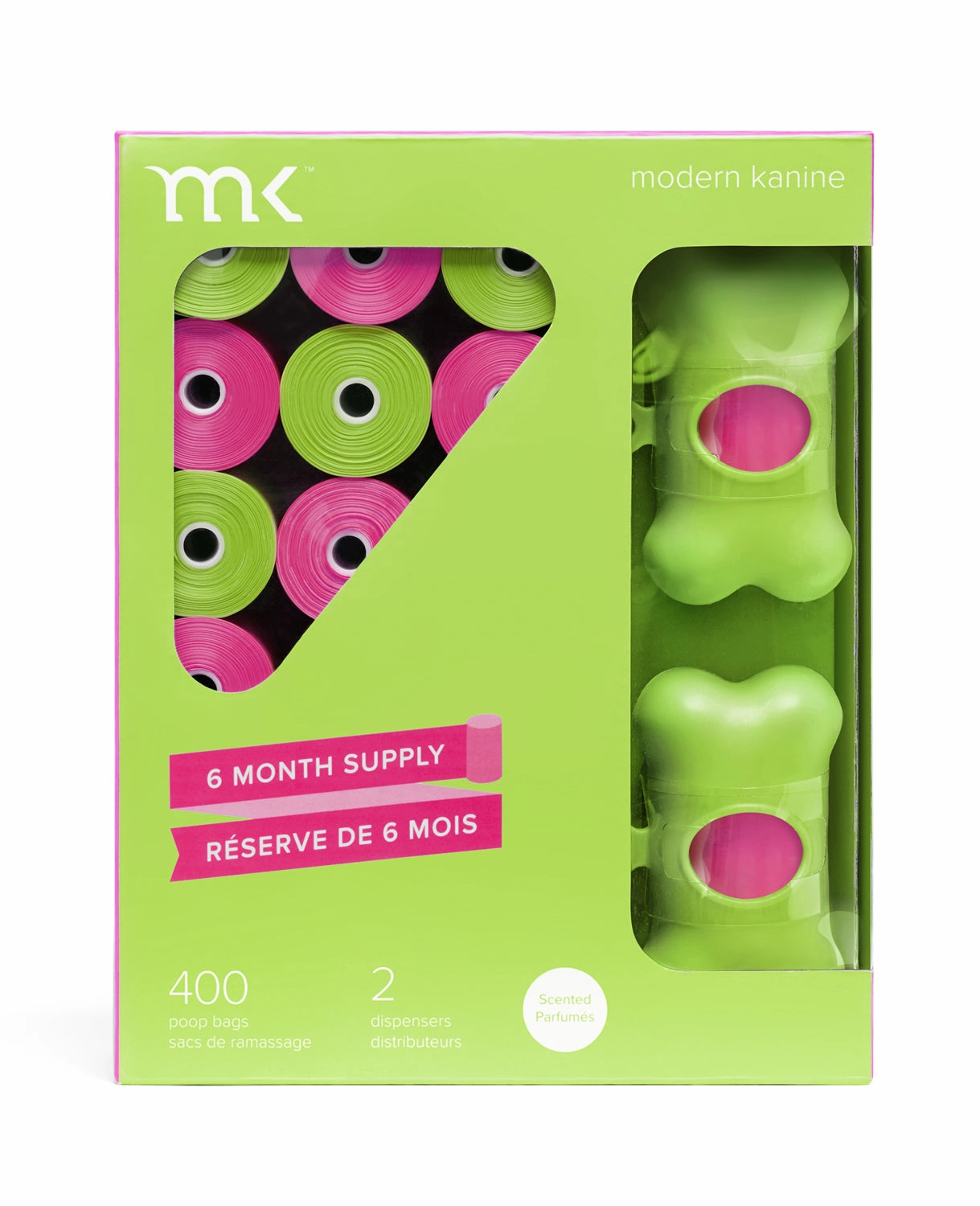 400-Count Modern Kanine Dog Waste Bags, with 20 refill rolls and 2 Dispensers in Green & Green Pink
