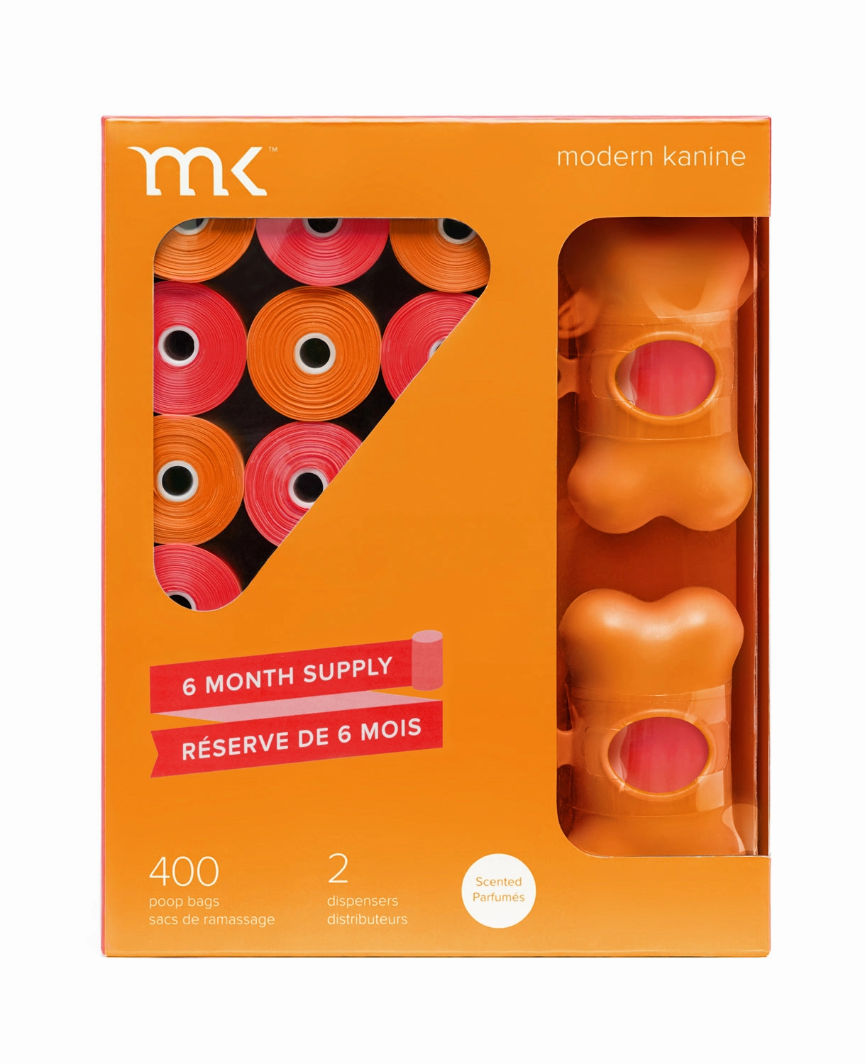 400-Count Modern Kanine Dog Waste Bags, with 20 refill rolls and 2 Dispensers in Orange Coral