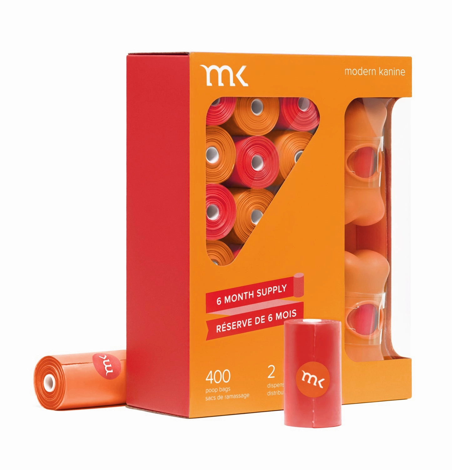 400-Count Modern Kanine Dog Waste Bags, with 20 refill rolls and 2 Dispensers in Orange Coral