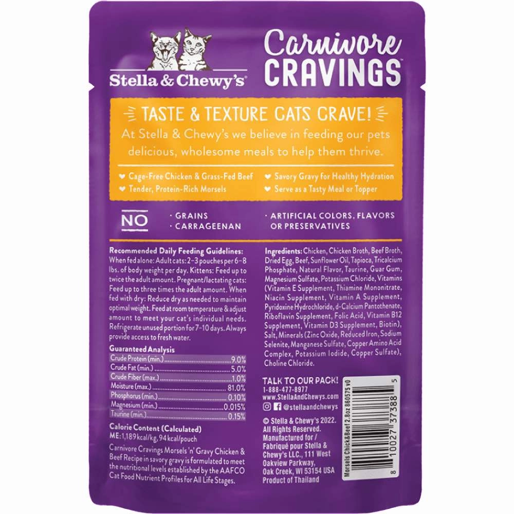 4 FOR $13.60: Stella & Chewy's Carnivore Cravings Morsels 'N' Gravy Chicken & Beef Grain-Free Pouch Cat Food 2.8oz