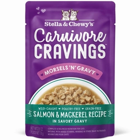 4 FOR $13.60: Stella & Chewy's Carnivore Cravings Morsels 'N' Gravy Salmon & Mackerel Grain-Free Pouch Cat Food 2.8oz cat food cans soft cat food high protein cat food natural cat food senior cat food