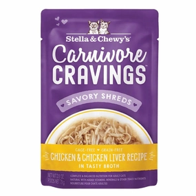 4 FOR $13.60: Stella & Chewy's Carnivore Cravings Savory Shreds Chicken & Chicken Liver In Broth Grain-Free Pouch Cat Food 2.8oz dry cat food cat treats grain free cat food kitten treats cat dental treats