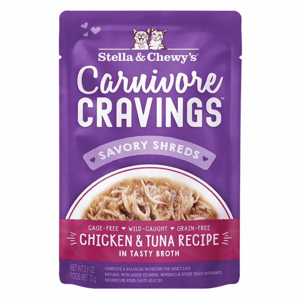 4 FOR $13.60: Stella & Chewy's Carnivore Cravings Savory Shreds Chicken & Tuna In Broth Grain-Free Pouch Cat Food 2.8oz dry cat food cat treats grain free cat food kitten treats cat dental treats