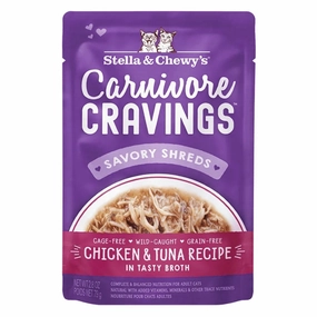 4 FOR $13.60: Stella & Chewy's Carnivore Cravings Savory Shreds Chicken & Tuna In Broth Grain-Free Pouch Cat Food 2.8oz dry cat food cat treats grain free cat food kitten treats cat dental treats