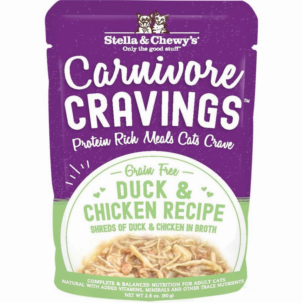 4 FOR $13.60: Stella & Chewy's Carnivore Cravings Savory Shreds Duck & Chicken In Broth Grain-Free Pouch Cat Food 2.8oz