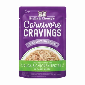 4 FOR $13.60: Stella & Chewy's Carnivore Cravings Savory Shreds Duck & Chicken In Broth Grain-Free Pouch Cat Food 2.8oz cat food cans soft cat food high protein cat food natural cat food senior cat food