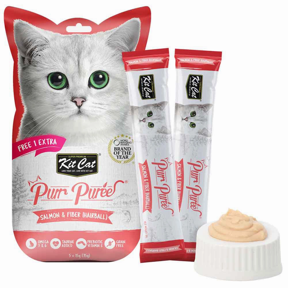 4 FOR $14 : Kit Cat Purr Puree Salmon & Fiber (Hairball) Liquid Cat Treats 5x15g dry cat food cat treats grain free cat food kitten treats cat dental treats