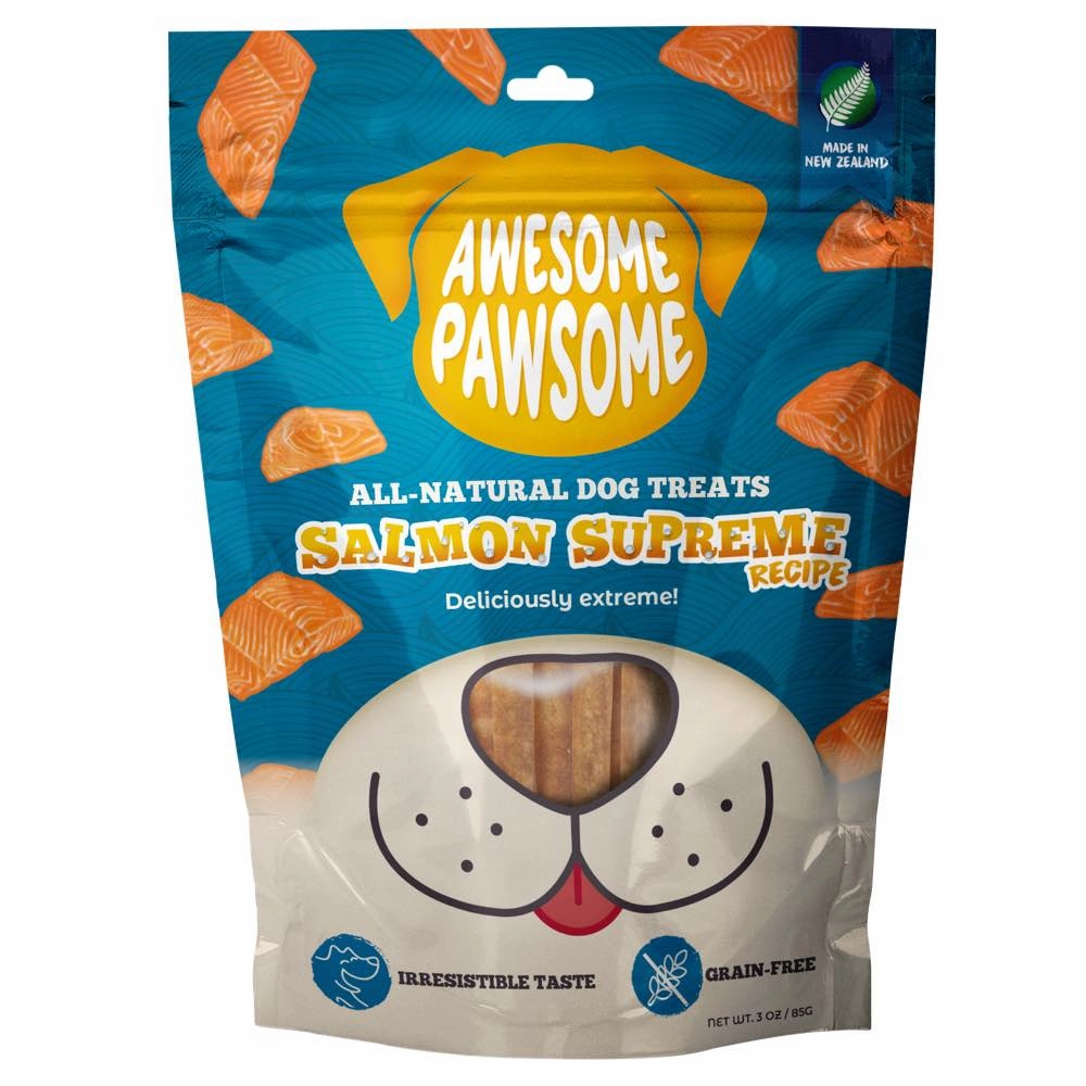 4 FOR $14: Awesome Pawsome Salmon Supreme Grain-Free Dog Treats 3oz dog toys interactive dog toy plush dog toy dog rope toy squeaky toy
