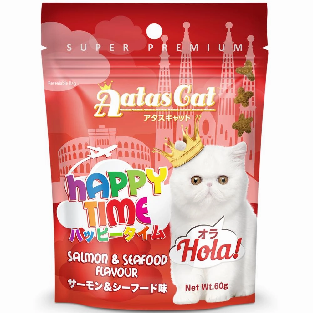4 FOR $9 (Exp Aug 25): Aatas Cat Happy Time Hola! Salmon & Seafood Cat Treats 60g cat grass snacks cat grass planter cat digestive aid catnip spray cat herbal treats
