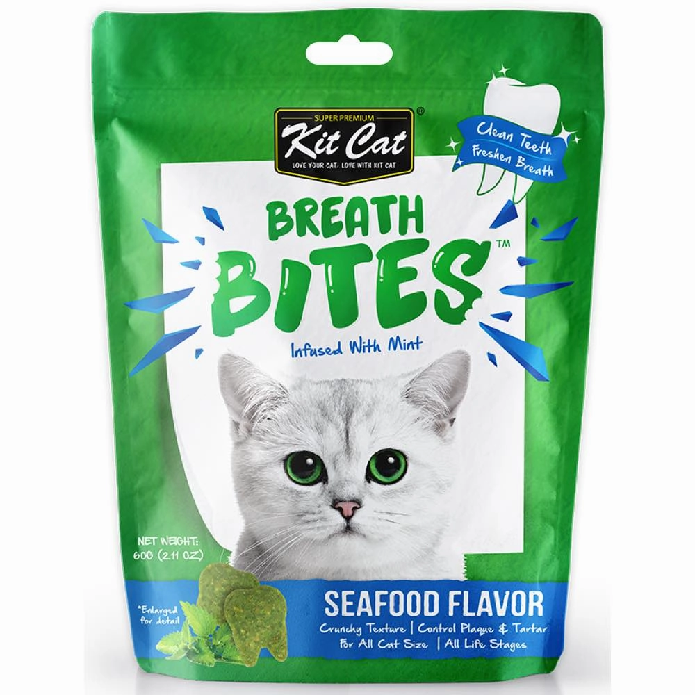 5 FOR $14: Kit Cat Breath Bites Mint & Seafood Flavour Dental Cat Treats 60g dry cat food cat treats grain free cat food kitten treats cat dental treats
