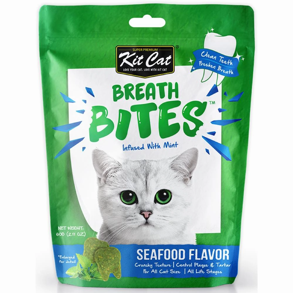 5 FOR $14: Kit Cat Breath Bites Mint & Seafood Flavour Dental Cat Treats 60g pet health pet wellness pet pain relief pet probiotic pet calming