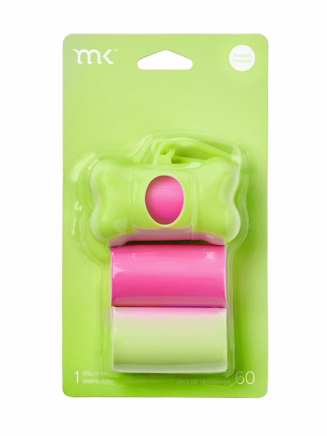 60-Count Modern Kanine Dog Waste Bags, Dispenser with 3 Refill Rolls in Green Pink