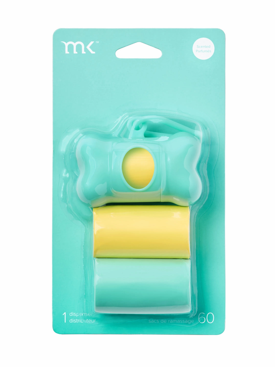 60-Count Modern Kanine Dog Waste Bags, Dispenser with 3 Refill Rolls in Turquoise & Yellow