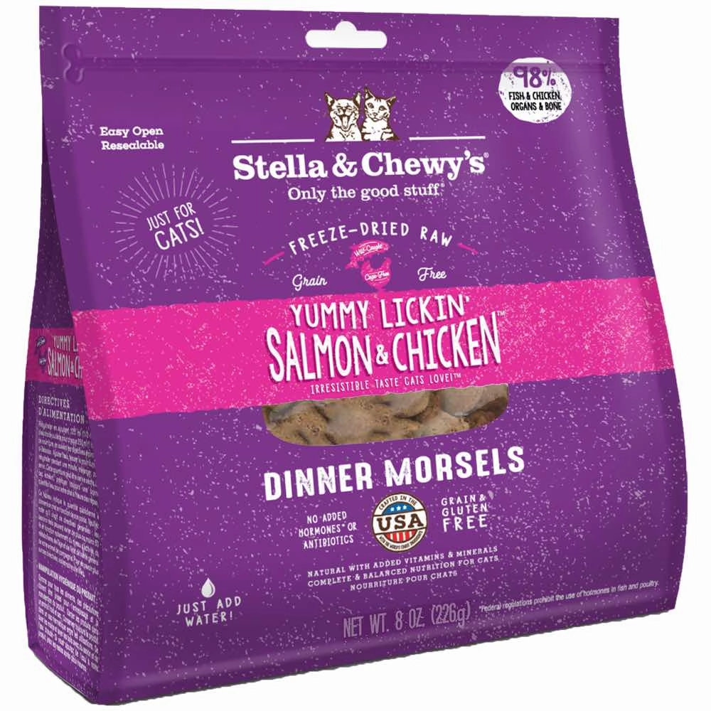 $10 OFF 8oz (Exp30Sep25): Stella & Chewys Yummy Lickin' Salmon & Chicken Dinner Morsels Freeze-Dried Cat Food cat general supplies cat toys cat grooming cat food cat litter