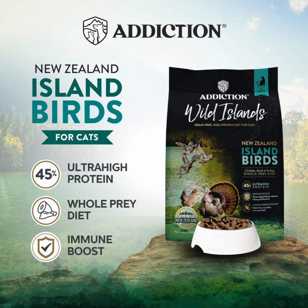 '26% OFF   FREE CANNED FOOD': Addiction Wild Islands Birds Chicken, Duck & Turkey Grain-Free Dry Cat Food