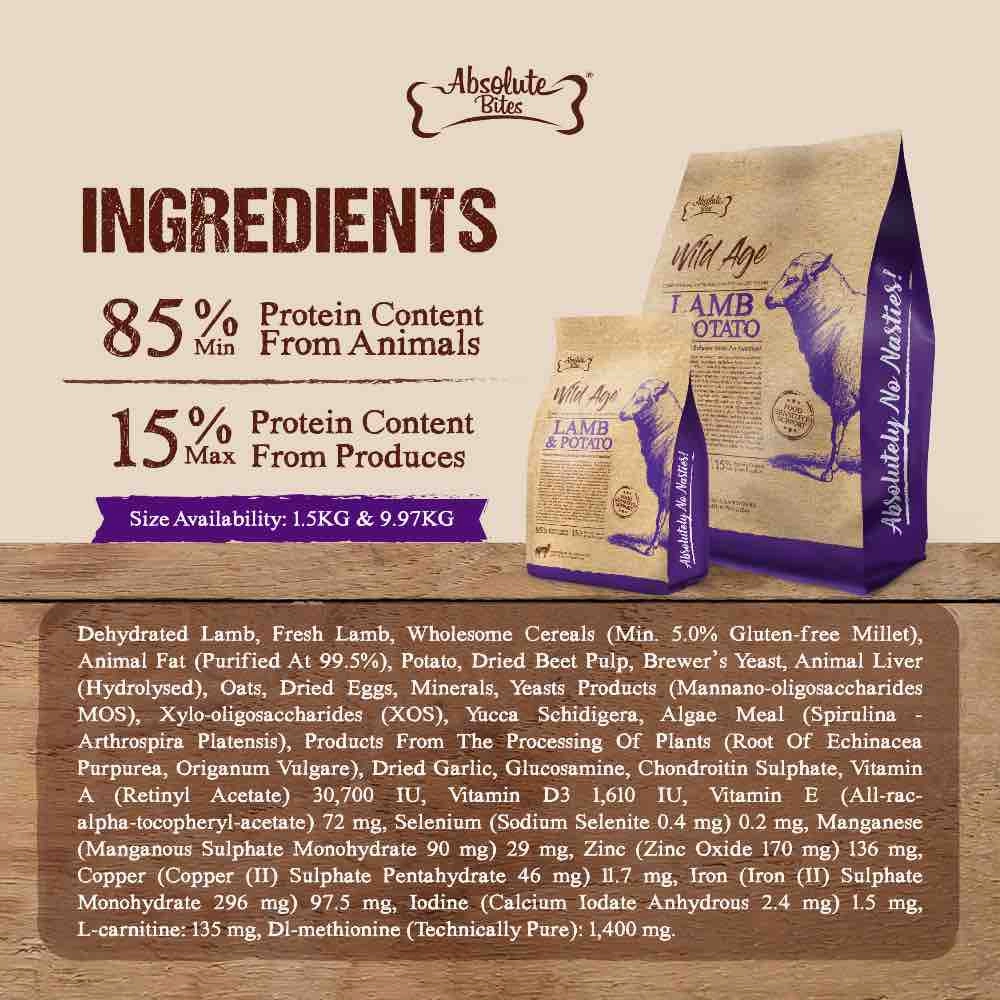 '35% OFF 3.3lb(Exp 5Nov25) FREE TREATS': Absolute Bites Wild Age Lamb & Potato Dry Dog Food