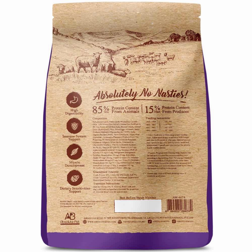'35% OFF 3.3lb(Exp 5Nov25) FREE TREATS': Absolute Bites Wild Age Lamb & Potato Dry Dog Food