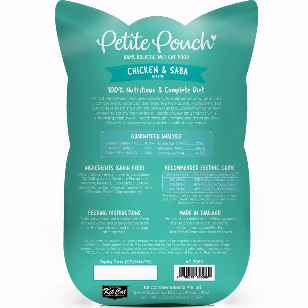 '35% OFF (Exp 28Sep25)': Kit Cat Petite Pouch Chicken & Saba In Aspic Grain-Free Pouch Cat Food 70g x 12