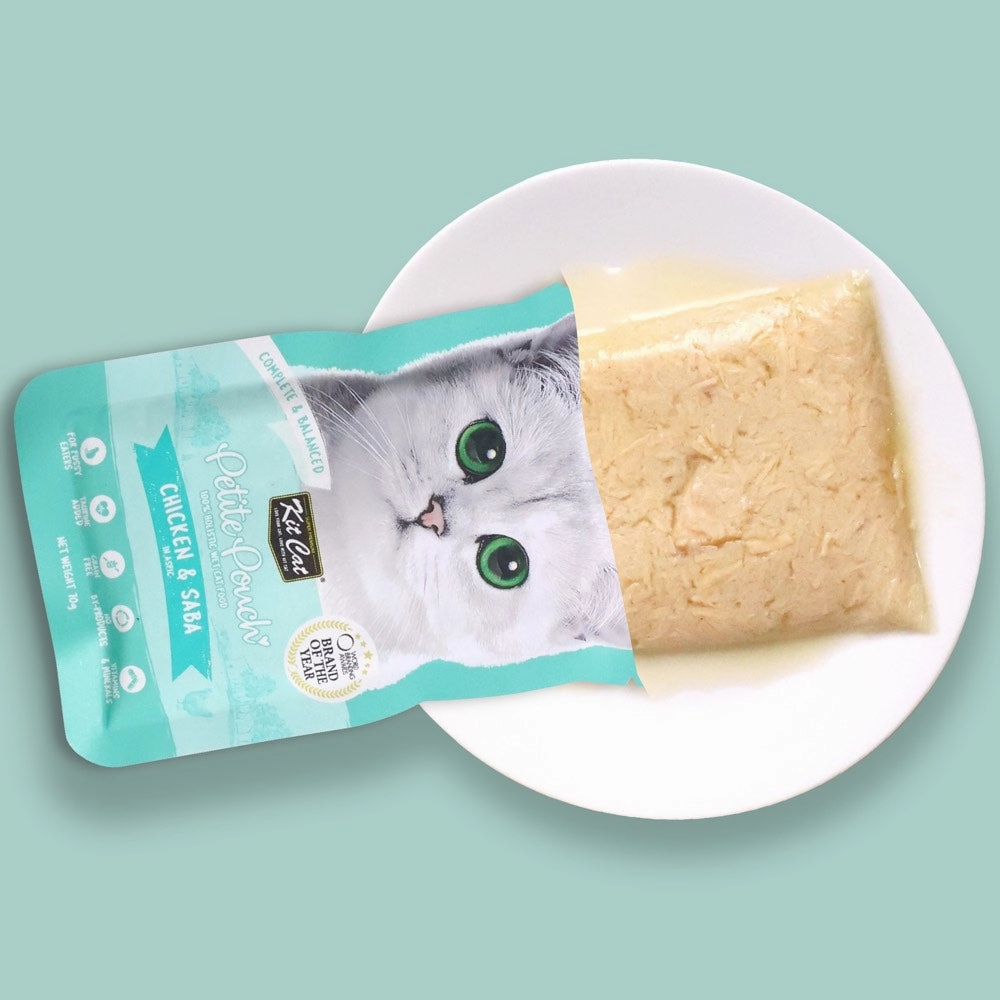 '35% OFF (Exp 28Sep25)': Kit Cat Petite Pouch Chicken & Saba In Aspic Grain-Free Pouch Cat Food 70g x 12