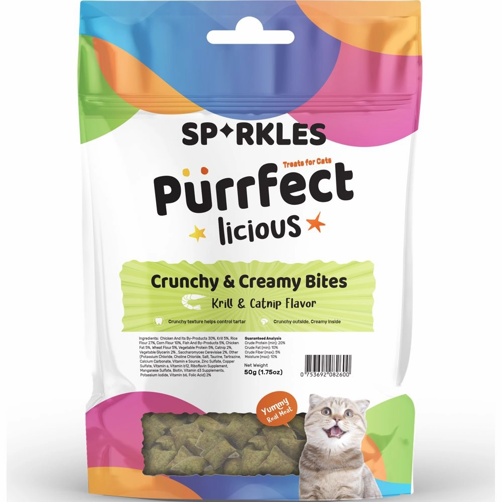 '3 FOR $6 (Exp 9Jul25)': Sparkles Purrfectlicious Crunchy & Creamy Bites Krill & Catnip Cat Treats 50g cat general supplies cat toys cat grooming cat food cat litter