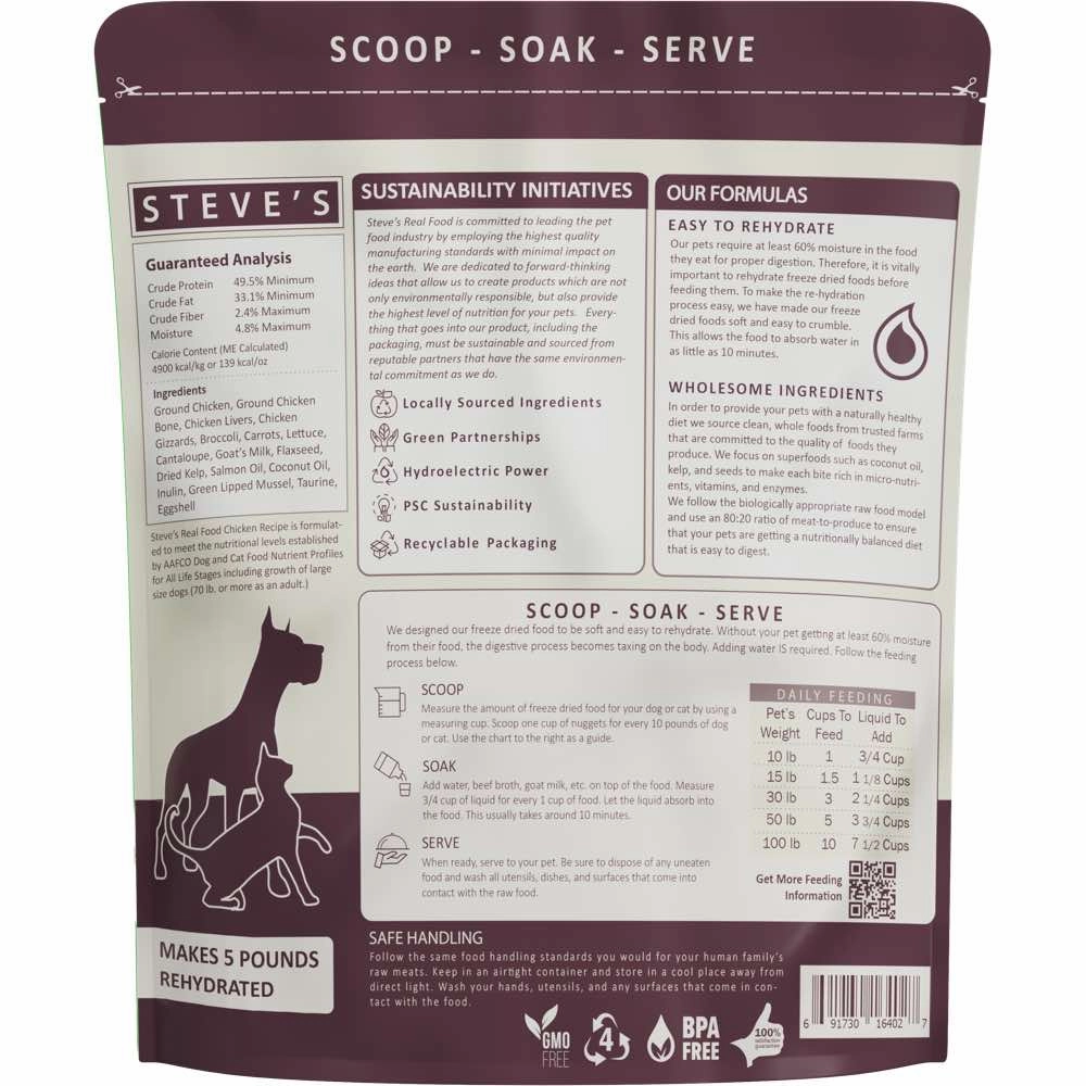 'BUNDLE DEAL FREE FD TREATS': Steve's Real Food Chicken Grain-Free Freeze-Dried Raw Food For Cats & Dogs 20oz