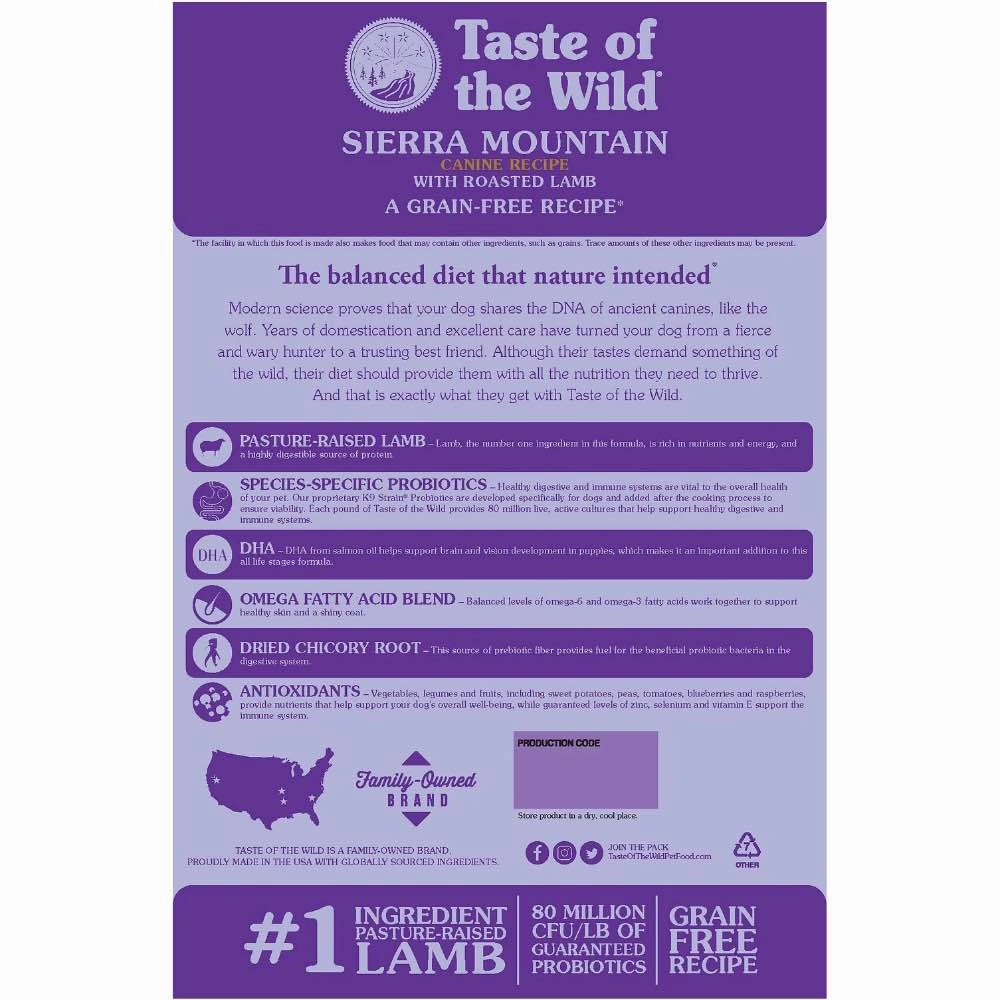 'BUNDLE DEAL/FREE TREAT': Taste of the Wild Sierra Mountain with Roasted Lamb Grain Free Dry Dog Food