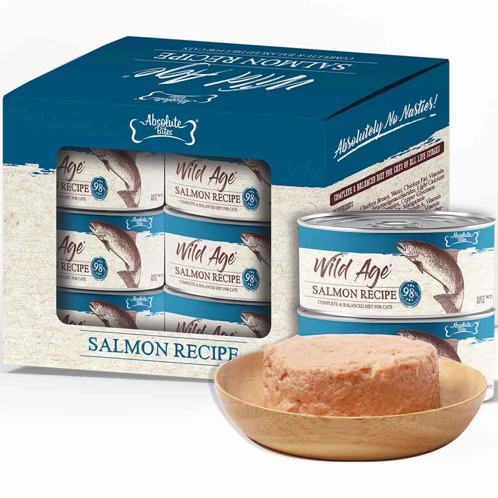 Absolute Bites Wild Age Salmon Complete & Balanced Diet Canned Cat Food 80g - Box of 6 canned cat food wet cat food grain free cat food cat stew cat food pouch