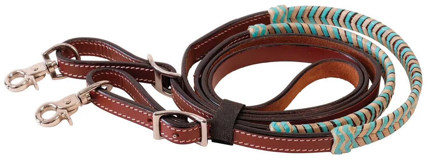 Buffalo Leather Turquoise Rawhide Laced Roping Rein, 7 ft