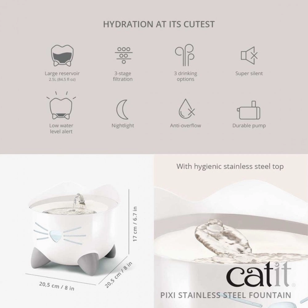 Catit Pixi Drinking Fountain Stainless Steel White 2.5L
