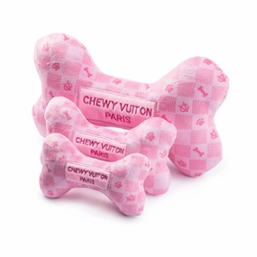 Checker Chewy Vuiton Dog Bone Toy - Pink dog toys indestructible dog toys dog tug toys dog plush chew resistant toy