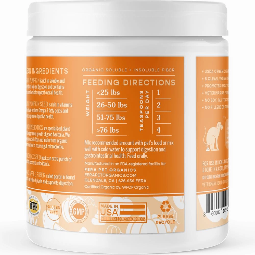 Fera Pets Organic Pumpkin Plus Fiber Support Supplement Powder For Cats & Dogs 8oz