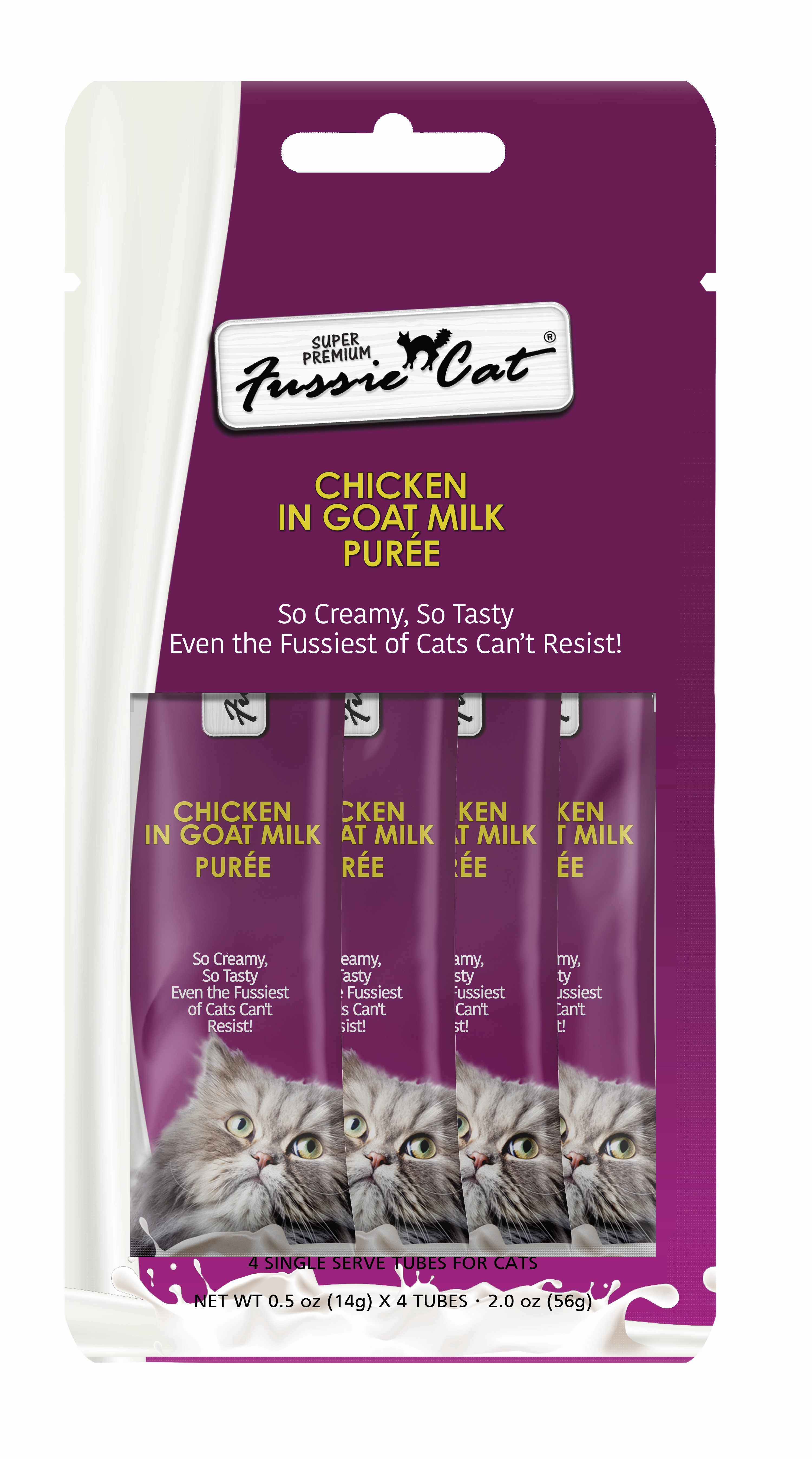 Fussie Cat Goat Milk Pure - Chicken 4pk 2oz Bag cat toys interactive cat toys cat teaser wand cat balls cat laser pointer