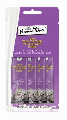 Fussie Cat Goat Milk Pure - Tuna with Chicken 4pk 2oz Bag cat toys interactive cat toys cat teaser wand cat balls cat laser pointer