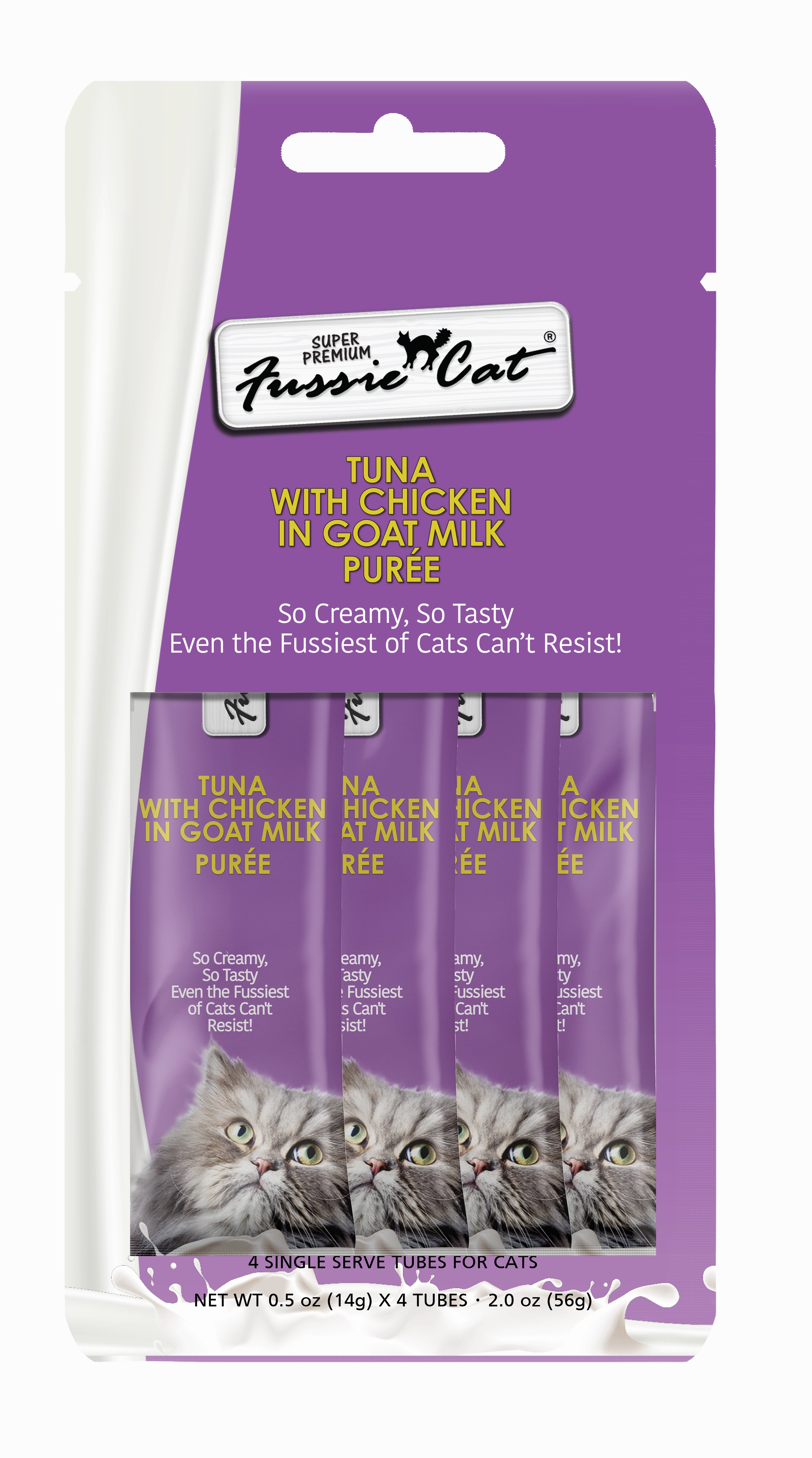 Fussie Cat Goat Milk Pure - Tuna with Chicken 4pk 2oz Bag cat toys interactive cat toys cat teaser wand cat balls cat laser pointer